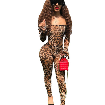Mesh Leopard Print Jumpsuit Two Piece Set