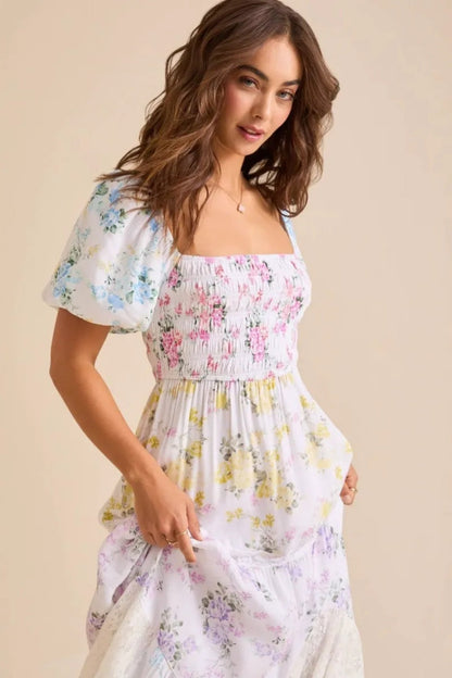 Print Short Sleeve A-line Midi Dress