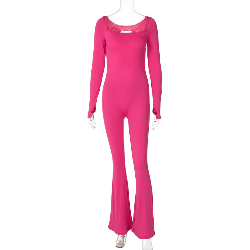 Sports Color One Piece Trousers U Neck Long Sleeved Backless Fleece Jumpsuit Clothing Autumn