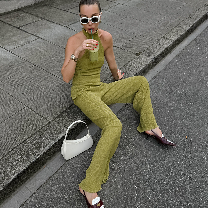 Spring Summer Design Green Sleeveless Halter Vest Wide Leg Pants Two Piece Set Office