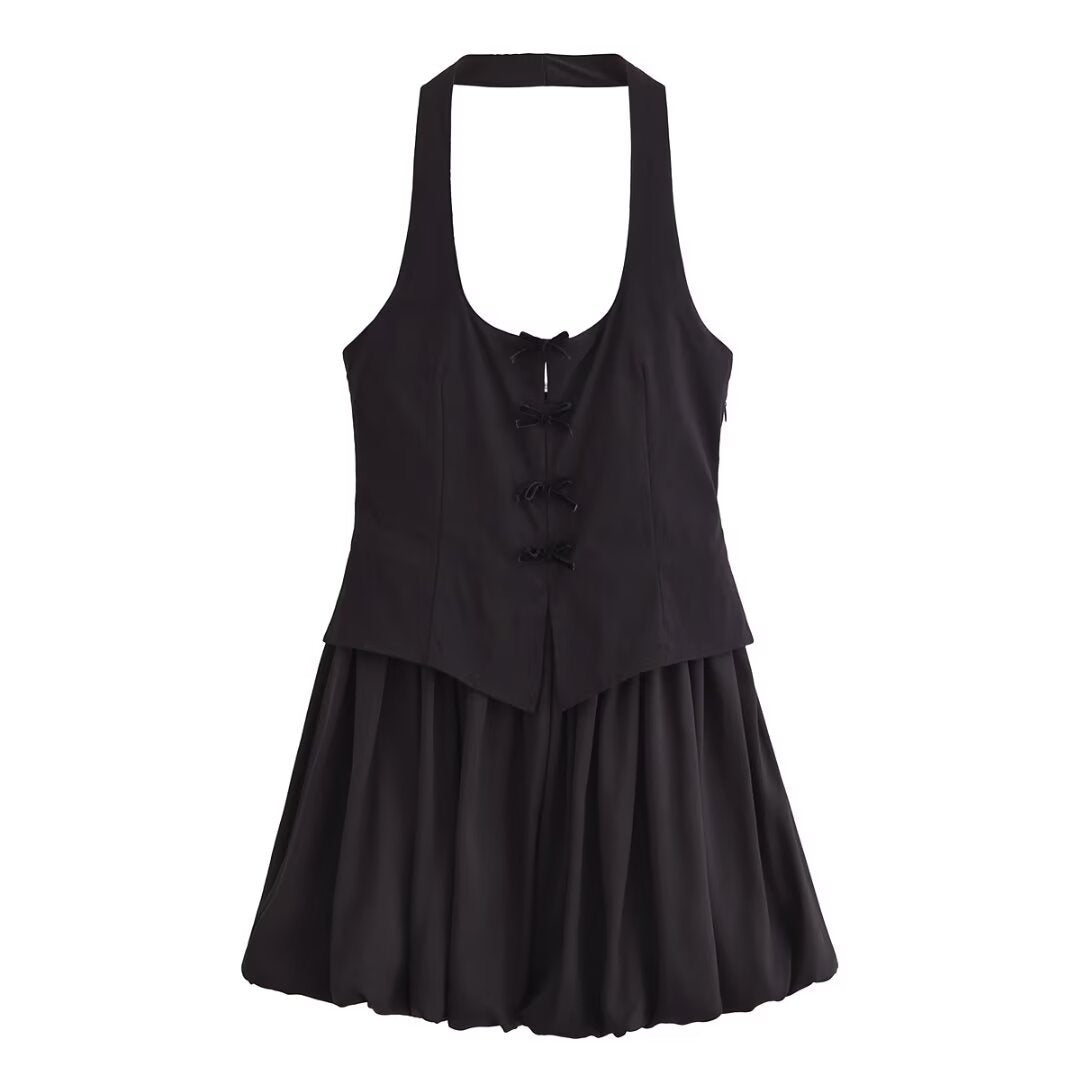 Series Backless Hanging Collar Round Neck Short Puffy Mini Dress