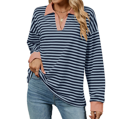 Autumn Winter Contrast Color Lapels Loose Long Sleeve Striped Sweater for
