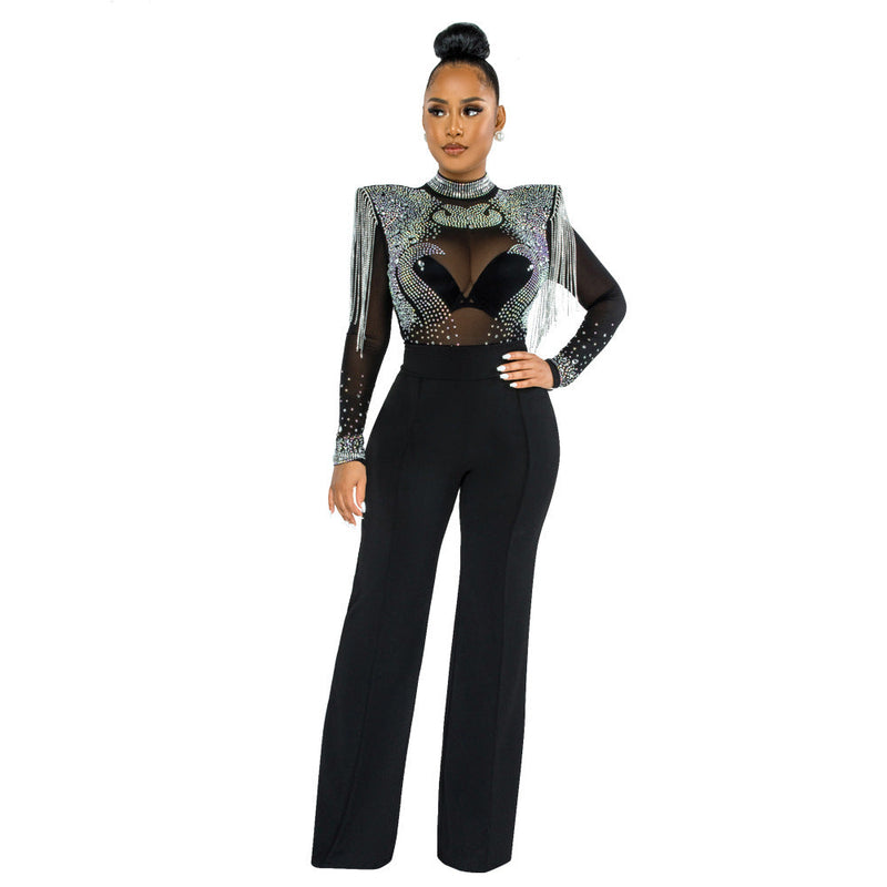 Slim Fit Turtleneck See Through Rhinestone Tassel Jumpsuit