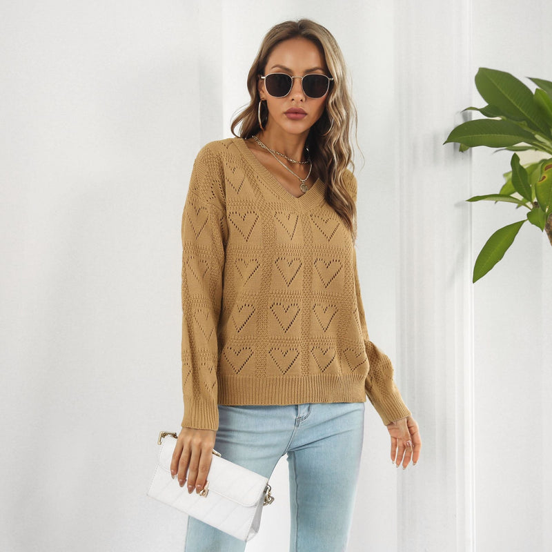 Hollow Out Cutout Out Heart Plaid Sweater Loose Autumn Winter Long Sleeved Sweater Sweater