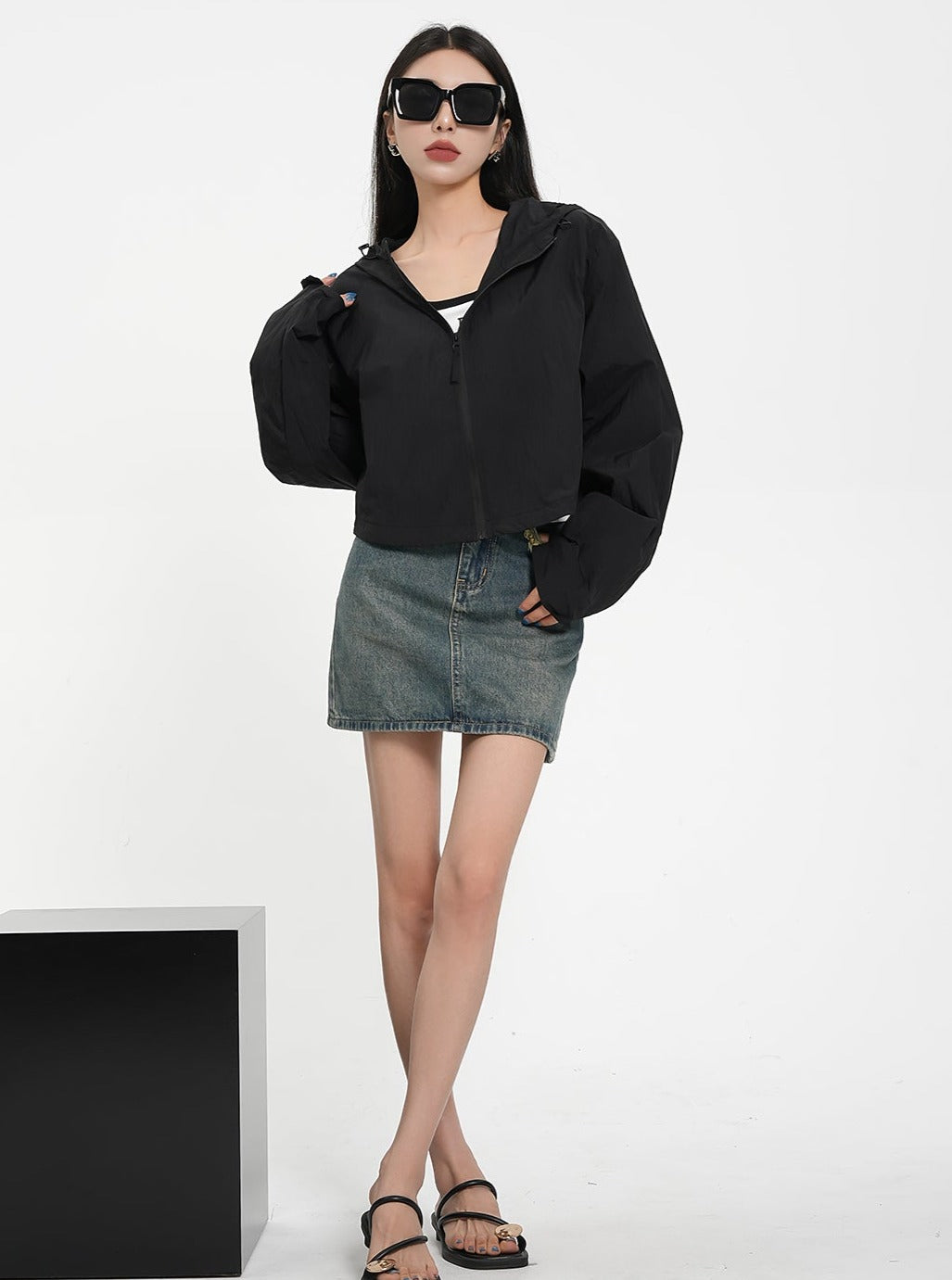 Textured Contrast Duo: Ivory Puff-sleeve Crop Blouse & Black Quilted Bomber Jacket Set