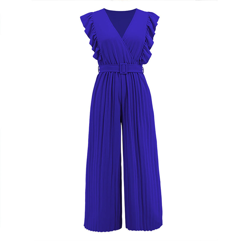 Slim Jumpsuit High Waist Sleeveless Lotus Leaf V Neck Pleated Wide Leg Skort