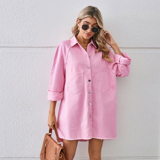 Wash Water Raw Edge Denim Dress Stitching Long Sleeve Cardigan for