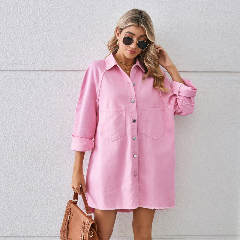 Wash Water Raw Edge Denim Dress Stitching Long Sleeve Cardigan for