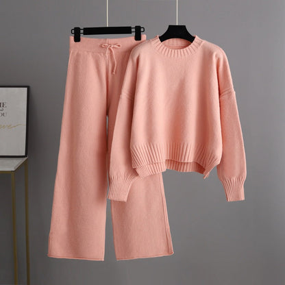 Autumn Winter Knitting Work Pant Korean Loose Sweater Wide Leg Pants Pants Two Piece Set