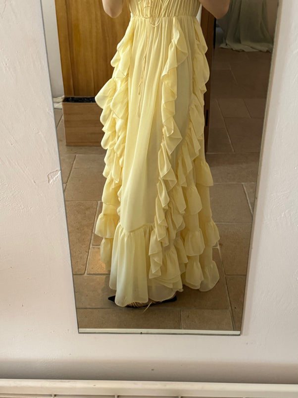 Sunset Ruffle Asymmetrical Maxi Dress Romantic Flowy Vacation Look Gunne Sax Dress