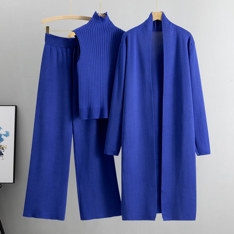 Spring Loose Knitting Suit Long Shawl Cardigan Turtleneck Vest Wide Leg Pants Three Piece Set
