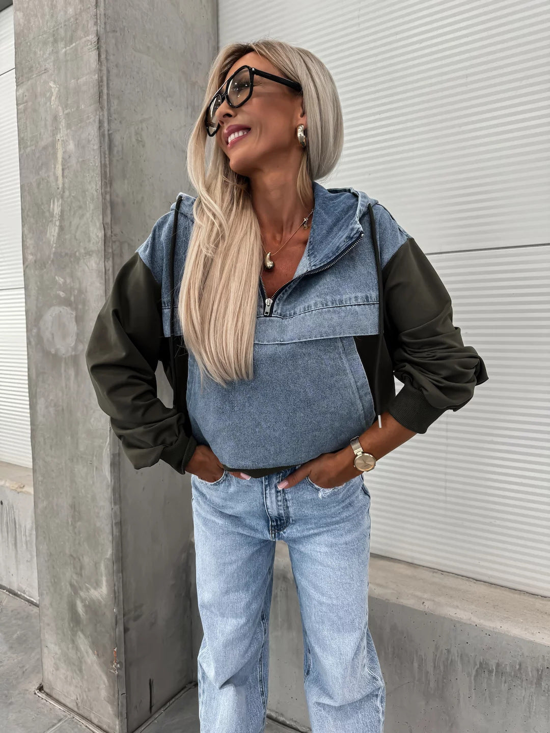 Fall Loose Washing Water Denim Stitching Hooded Sweatshirt