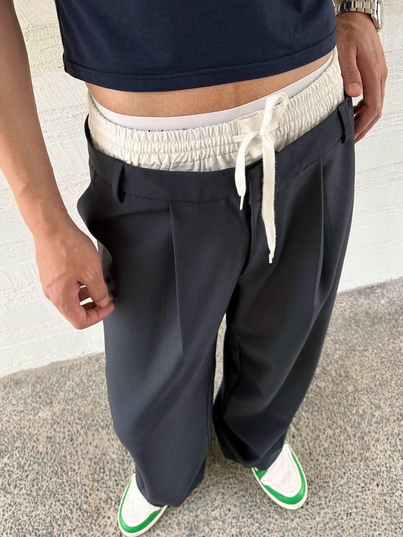 Weave Studio Navy Wide Leg Trousers - Elastic Waist Drawstring Pants With Pleated Front