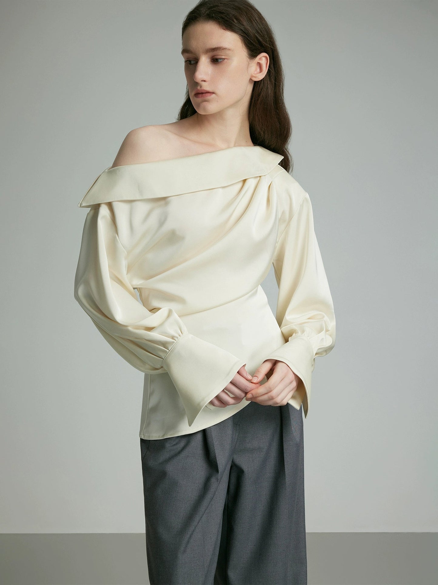 Ivory Draped Balloon Sleeve Blouse
