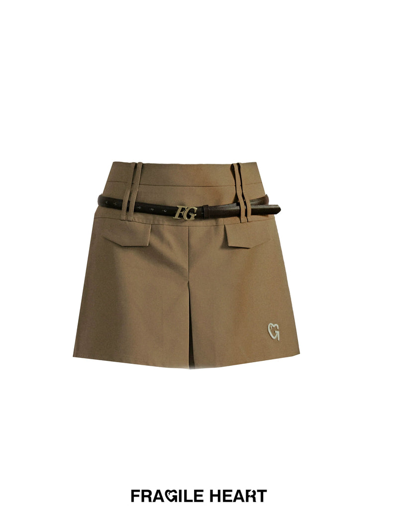 Fragile Heart Preppy Ensemble: Olive Mini Skort, Cream Lace-up Blouse, and Tailored Khaki Blazer Set
