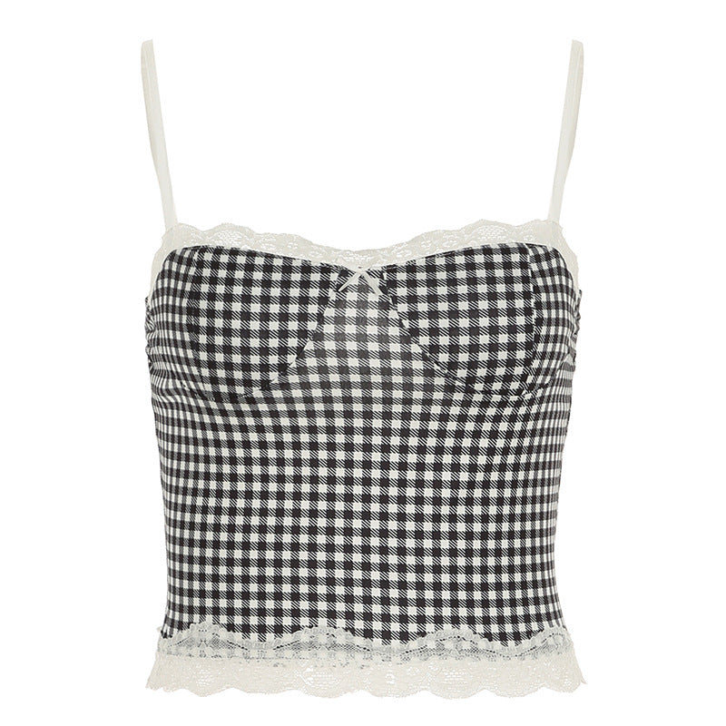 Spring Summer Clothing Plaid Stitching Lace Sling Bell Bottom Pants Street Two Piece Set