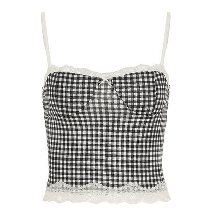 Spring Summer Clothing Plaid Stitching Lace Sling Bell Bottom Pants Street Two Piece Set
