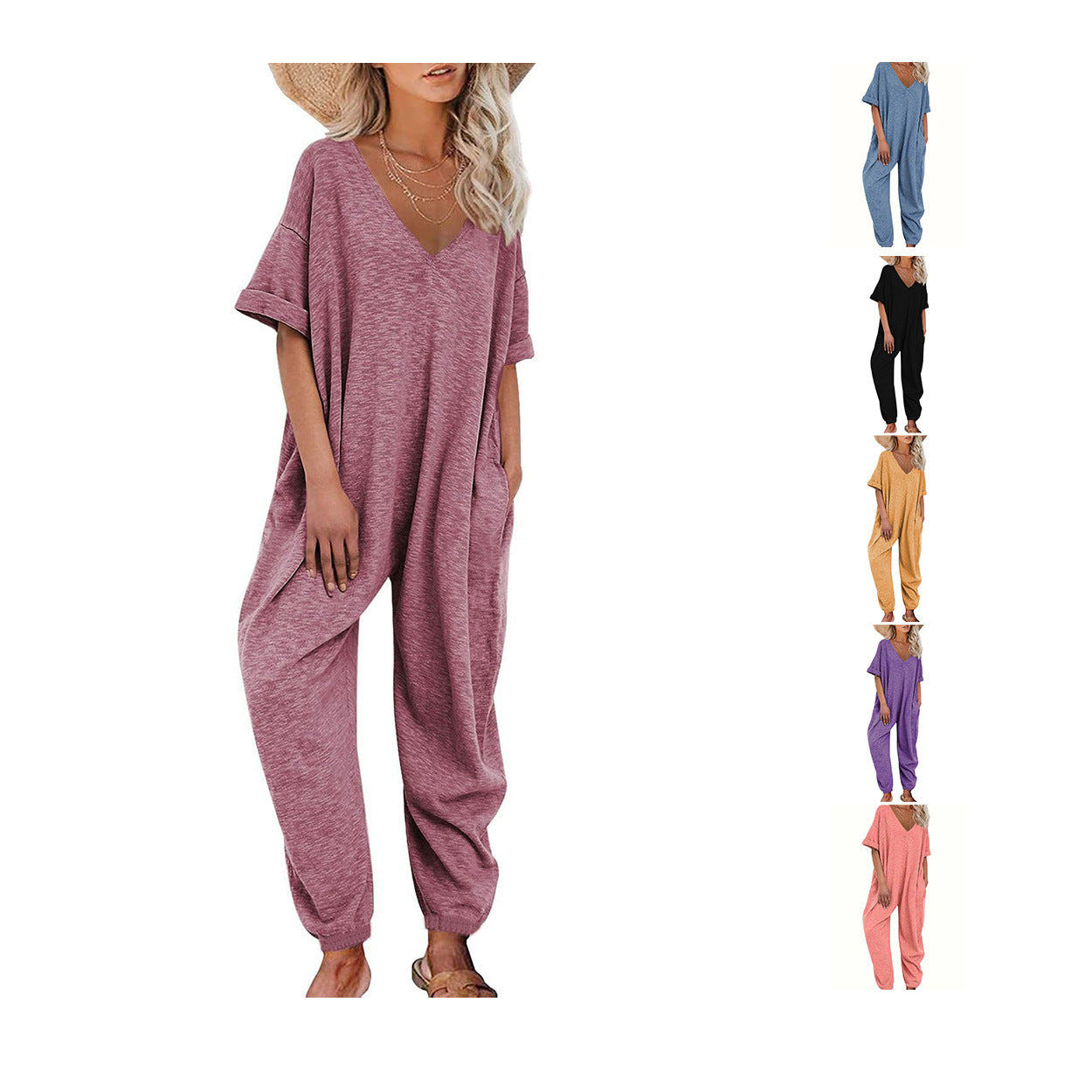 V Neck Jumpsuit Short Sleeve Length Jumpsuit Ankle Tied Loose Overalls