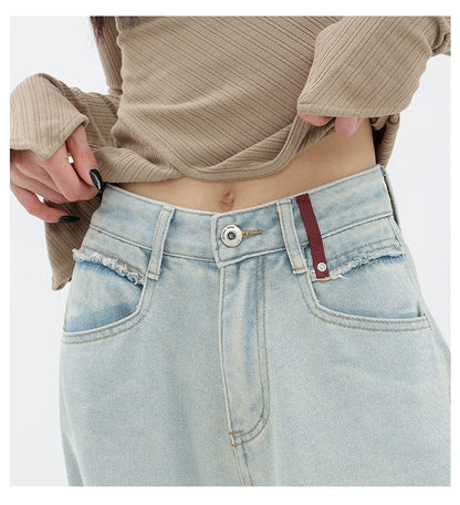 Light Blue Loose Straight Wide-leg Denim Pants With Embroidery Design