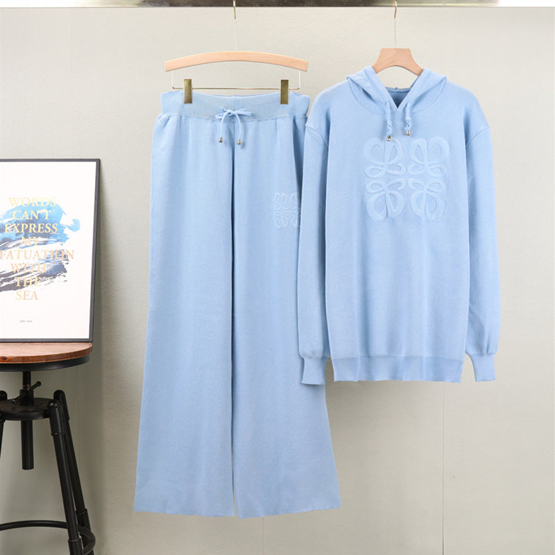Suit Western Russian Hooded Cored Yarn Sweater Wide Leg Pants Knitted Two Piece