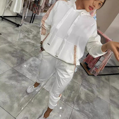 Sequin Pocket Sports Hooded Sweatshirt Sweatpants Suit