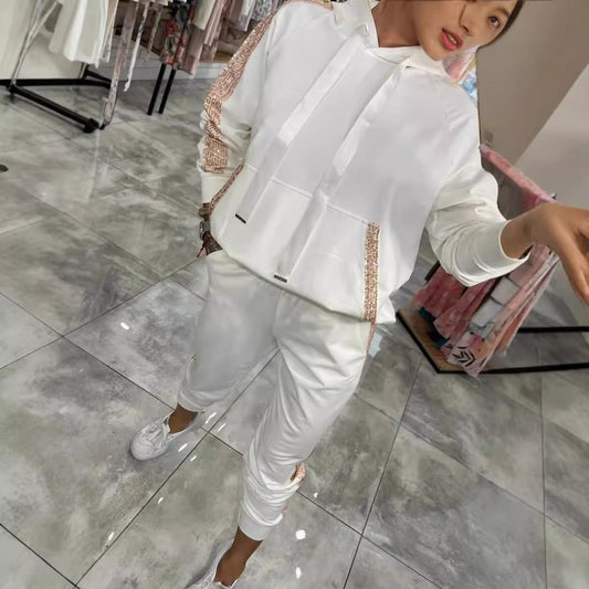 Sequin Pocket Sports Hooded Sweatshirt Sweatpants Suit