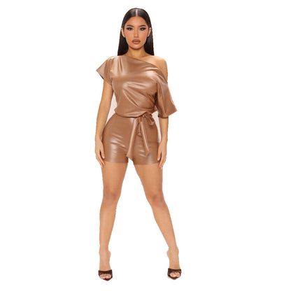 Summer Off-the-shoulder Faux Leather Romper