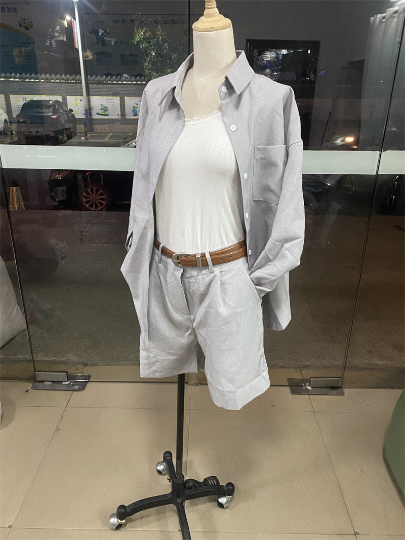 Color Long Sleeve Shirt Belt Shorts Set