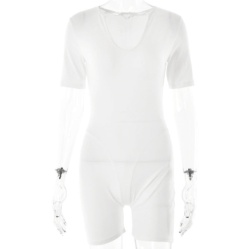 Popular Tight Jumpsuit Spring Summer Short Sleeve V Neck Patchwork Bottoming Shirt