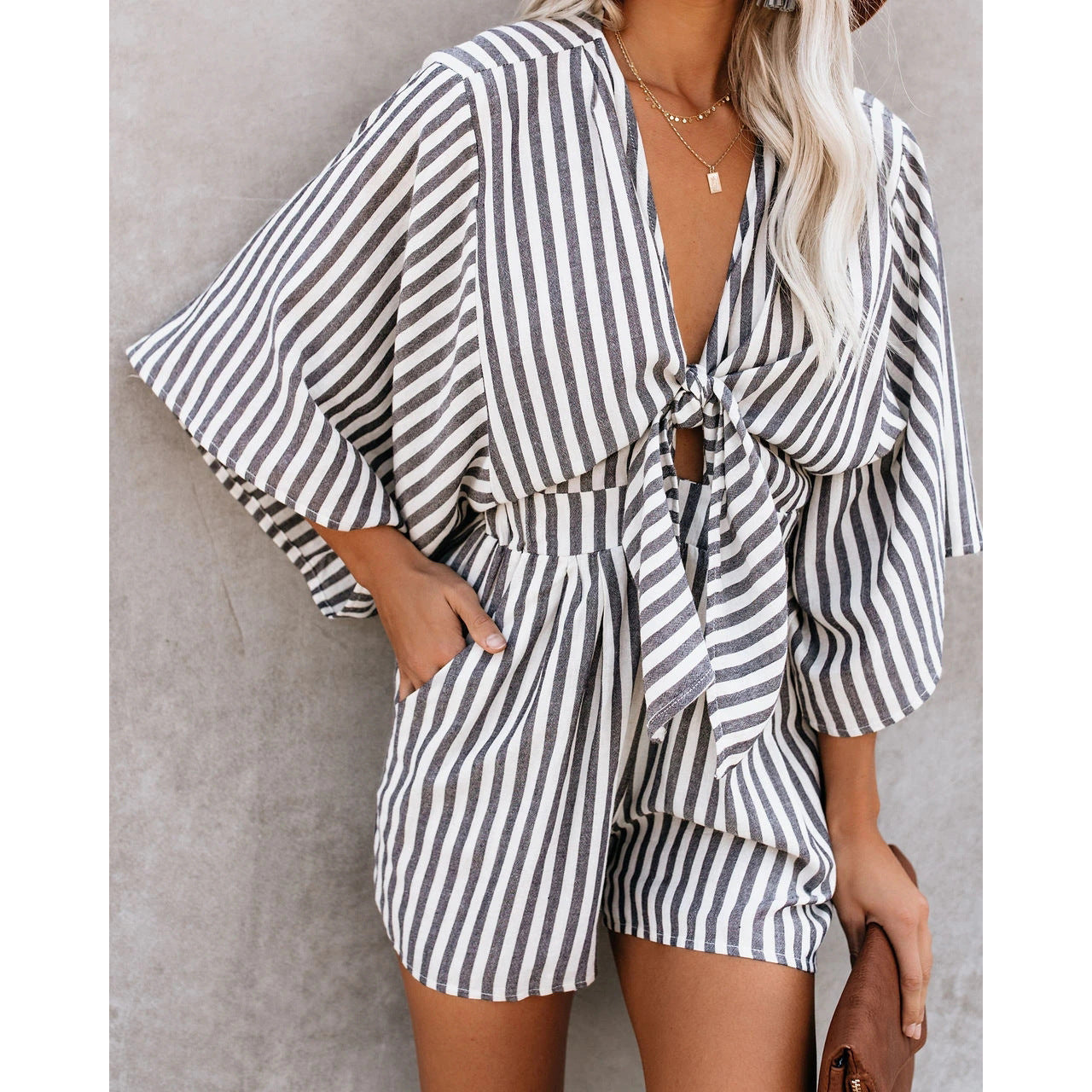 Spring Summer V Neck Lace Up Loose Jumpsuit Home Vacation Jumpsuit for
