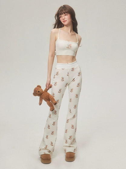 Bear Print Pants With Subtle Flare Leg