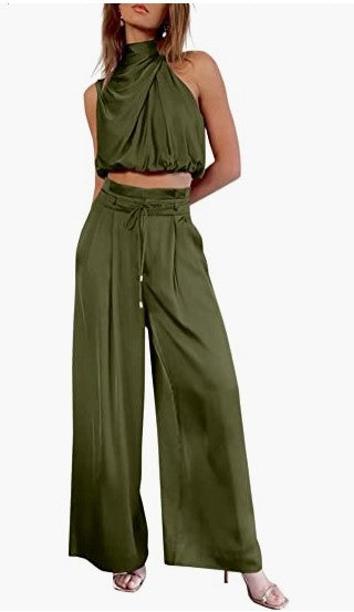 Sleeveless Collar Two Piece Sets Wide Leg Pants Summer Cropped Top