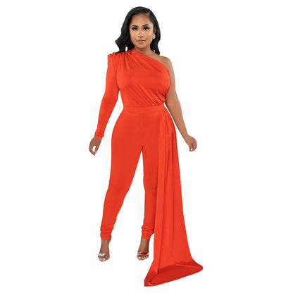 Autumn Pleated Shoulder Color Tight Jumpsuit