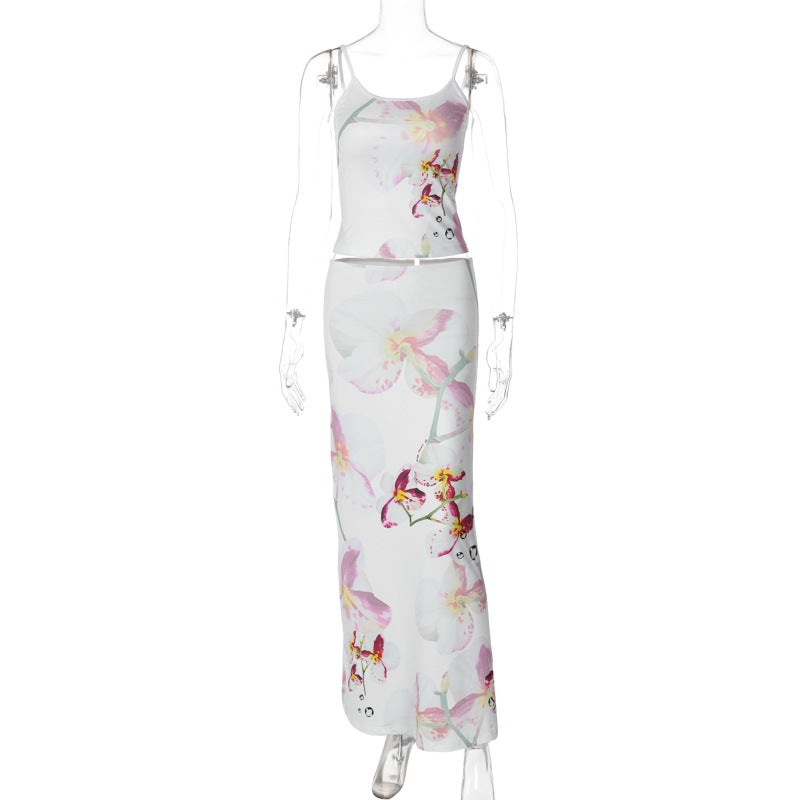 Clothing Summer Printed Camisole Slim Fit Maxi Dress Two Piece Set Suit