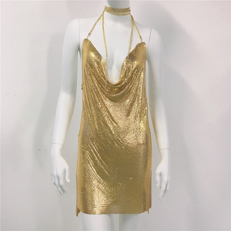 Metallic Coated Fabric Clothing Metal Sequ Dress Sweet Spicy Dress Rhinestone Cami Dress
