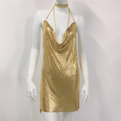 Metallic Coated Fabric Clothing Metal Sequ Dress Sweet Spicy Dress Rhinestone Cami Dress