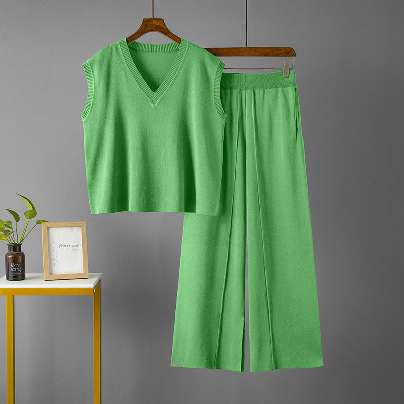 Suit V Neck Loose Sleeveless Knit Vest Top High Waist Loose Slimming Slit Wide Leg Pants