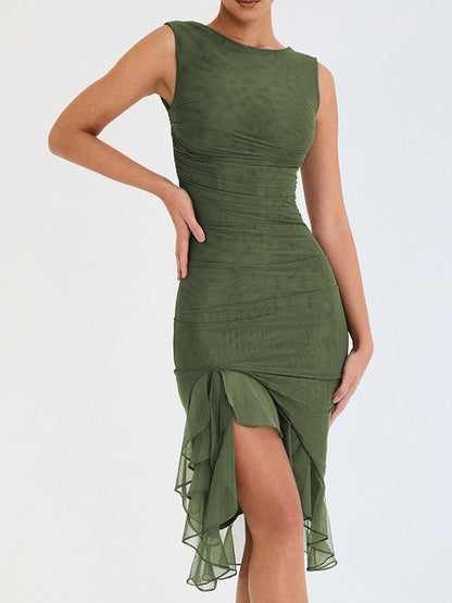 Round Neck Sleeveless Backless Pleated Midi Dress