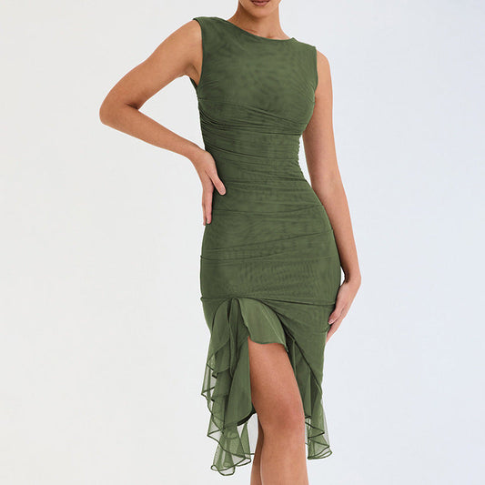 Spring Summer Round Neck Sleeveless Dress Tight Backless Pleated Midi Dress