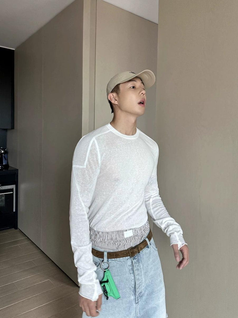 Weave Studio White Long Sleeve Slim Fit T-shirt - Lightweight Crew Neck Cotton Tee