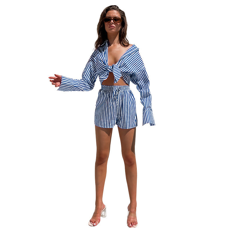 Spring Summer Office Pants Suit Shirt Striped Long Sleeve Split Two-piece Set