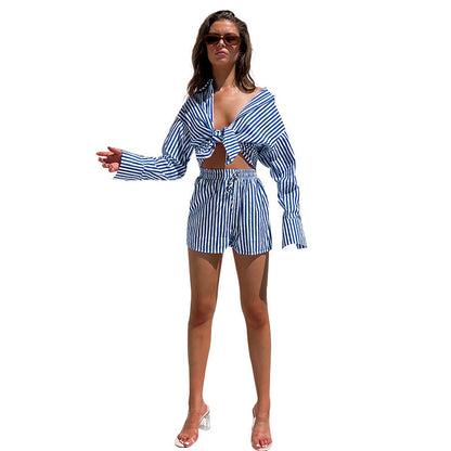 Spring Summer Office Pants Suit Shirt Striped Long Sleeve Split Two-piece Set