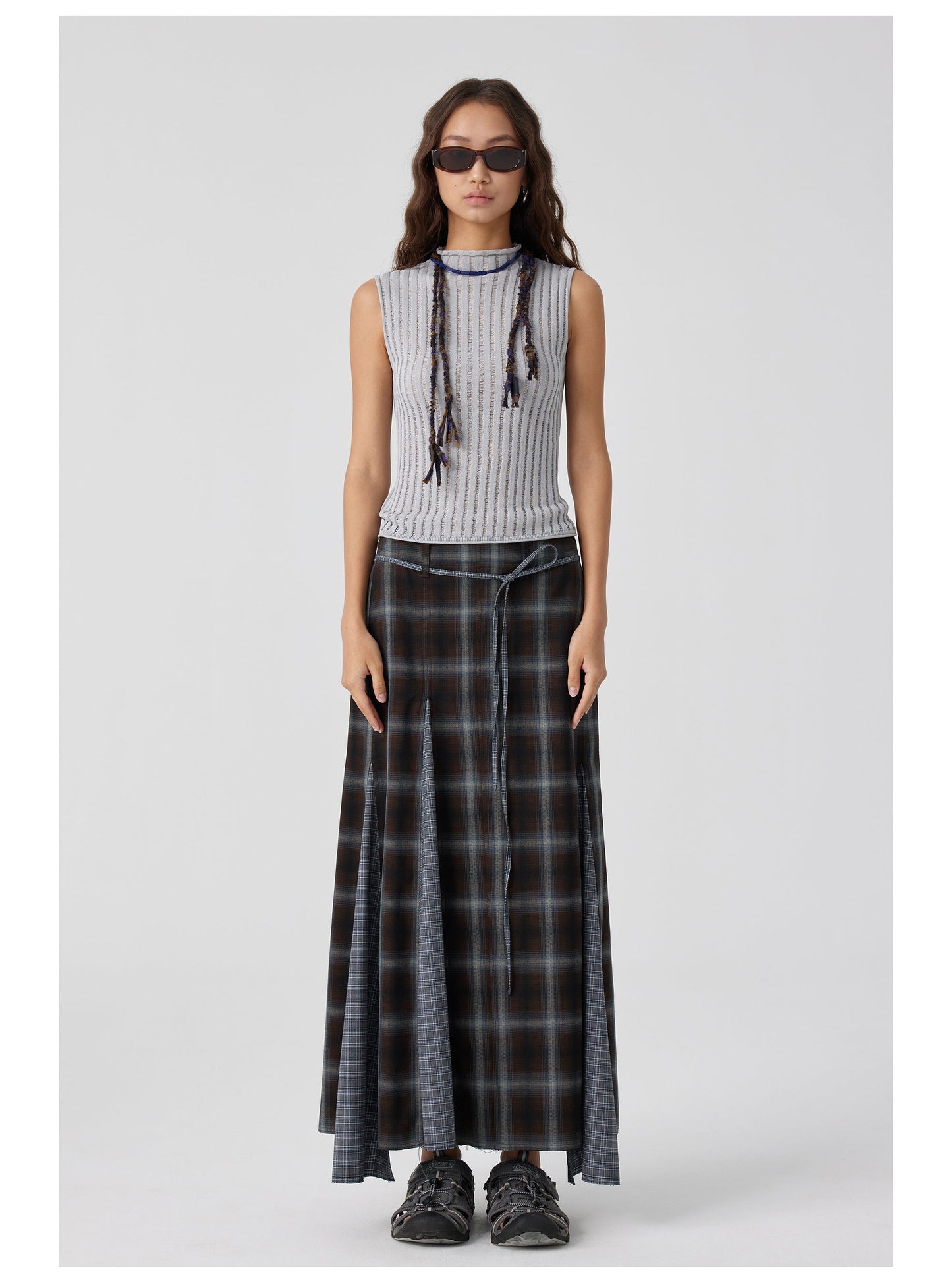 Plaid Asymmetric Panel Mermaid Long Skirt