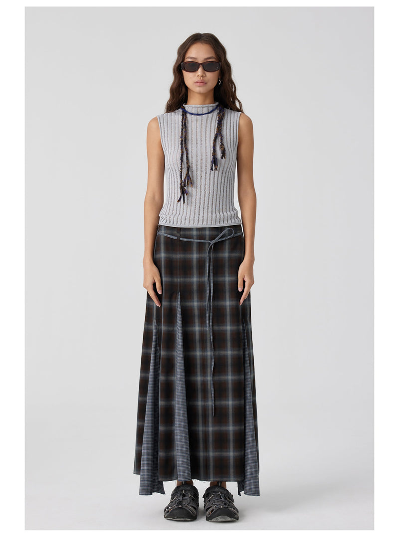 Plaid Asymmetric Panel Mermaid Long Skirt