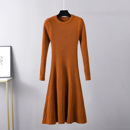 Fall Winter Slim Dress Mid Length Dress Round Neck Color Inner Wear Base Sweater Dress a Line Dress
