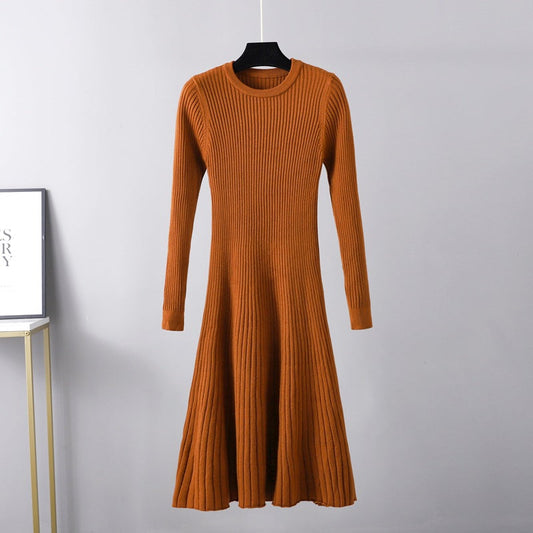 Fall Winter Slim Dress Mid Length Dress Round Neck Color Inner Wear Base Sweater Dress a Line Dress