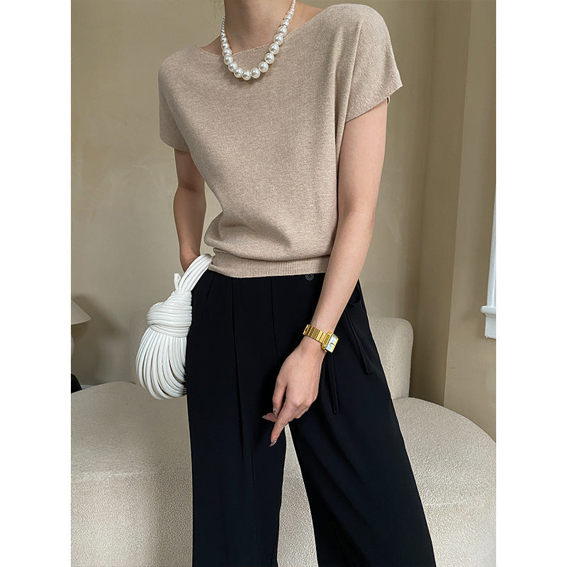 French Simplicity Raglan Sleeve Short Sleeved Sweater Top Bottoming Shirt Early Spring