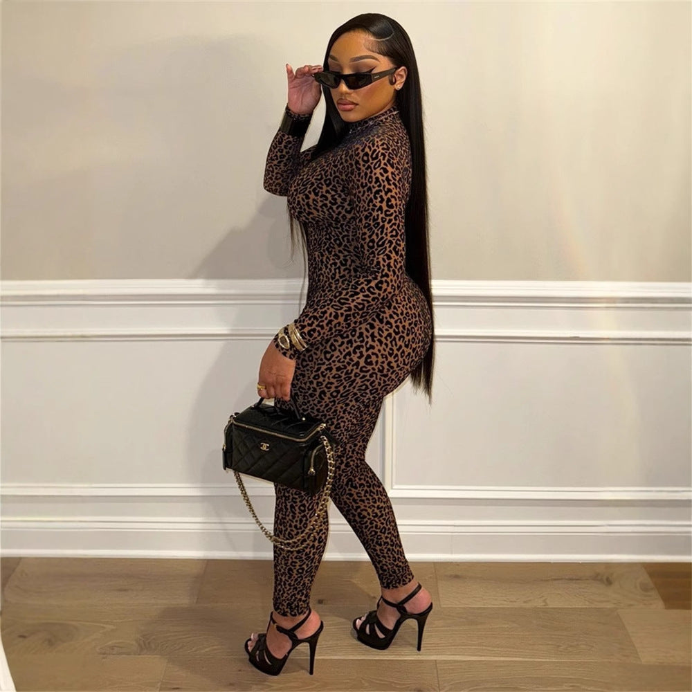 Autumn All Match Stretch Slim Fit Leopard Print Long Sleeve Jumpsuit for