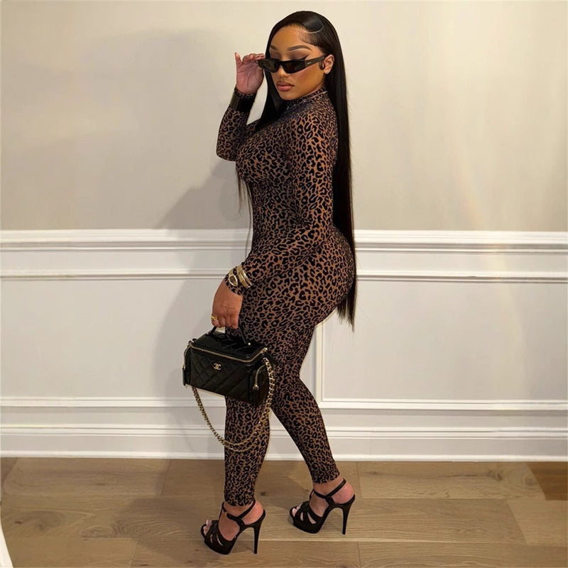 Autumn All Match Stretch Slim Fit Leopard Print Long Sleeve Jumpsuit for