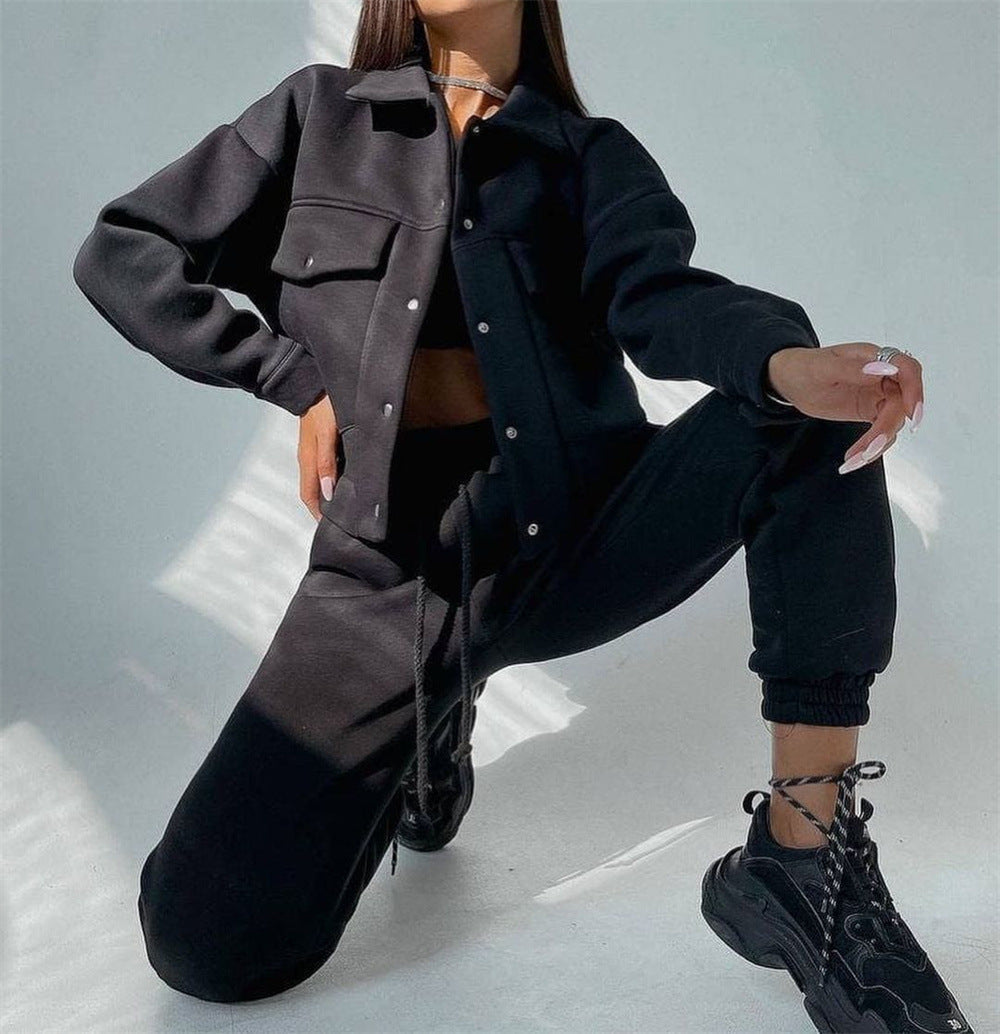 Autumn Winter Color Jacket Top Trousers Suit Long Sleeve Coat Sweatshirt Two Piece Set for